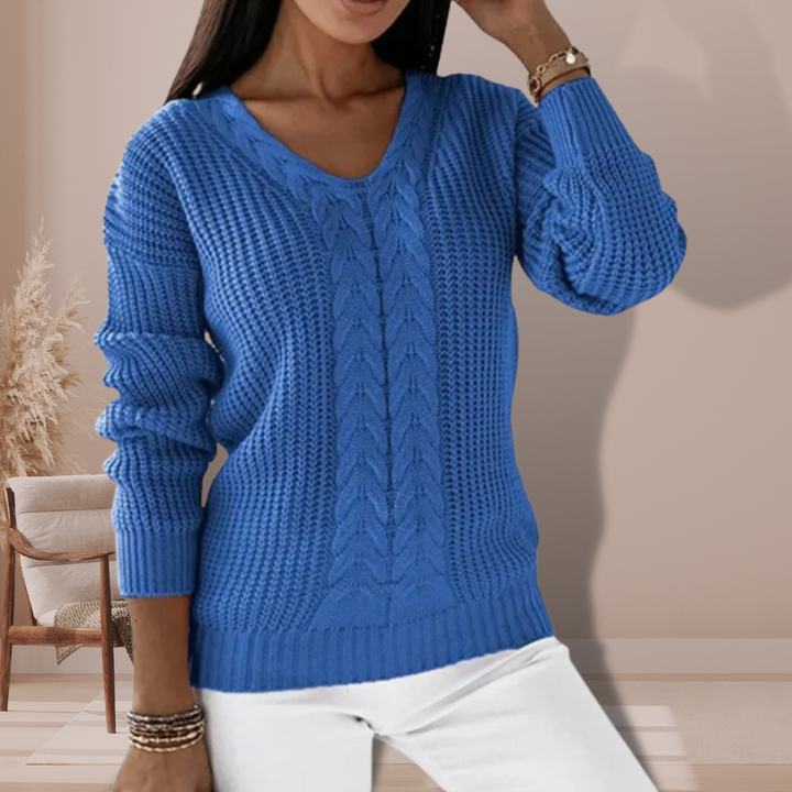 Pull Femme Tricoté Doux avec Col V et Motif Torsadé