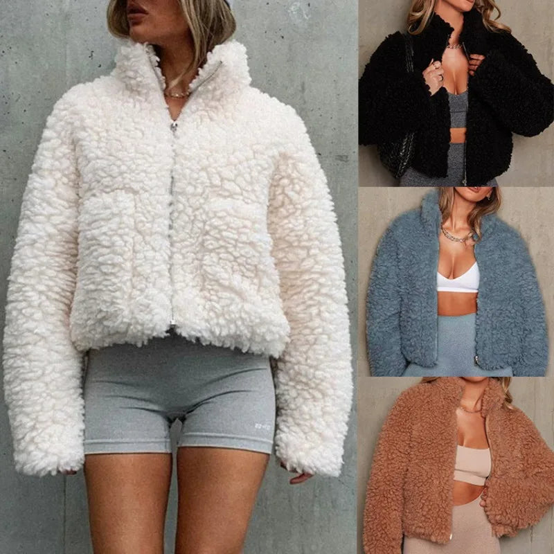 Trendy Oversized Teddy Jas voor Dames met Rits en Hoge Kraag