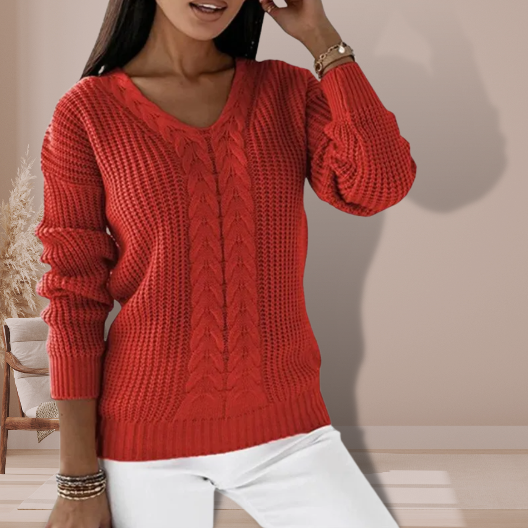 Pull Femme Tricoté Doux avec Col V et Motif Torsadé