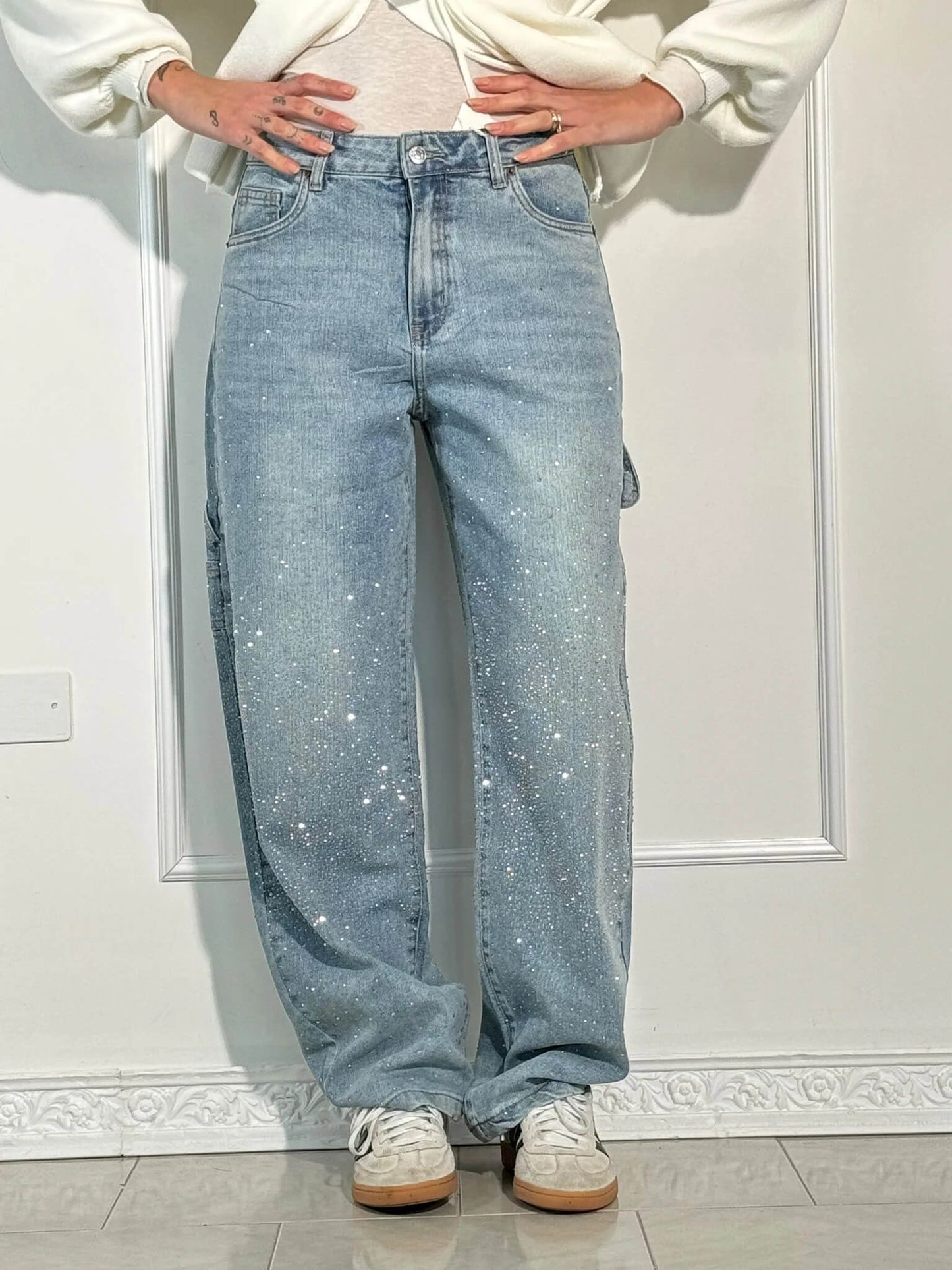Trendy Baggy Jeans Voor Vrouwen Met Strass En Wijde Pijpen