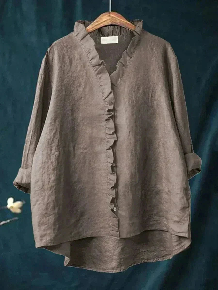 Linen Ruffle Button-Down Blouse for Women