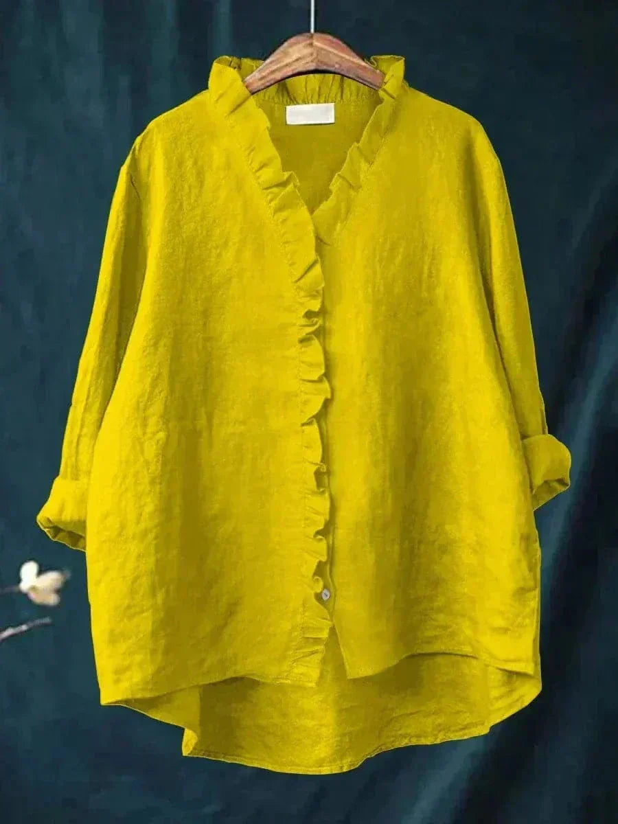 Linen Ruffle Button-Down Blouse for Women
