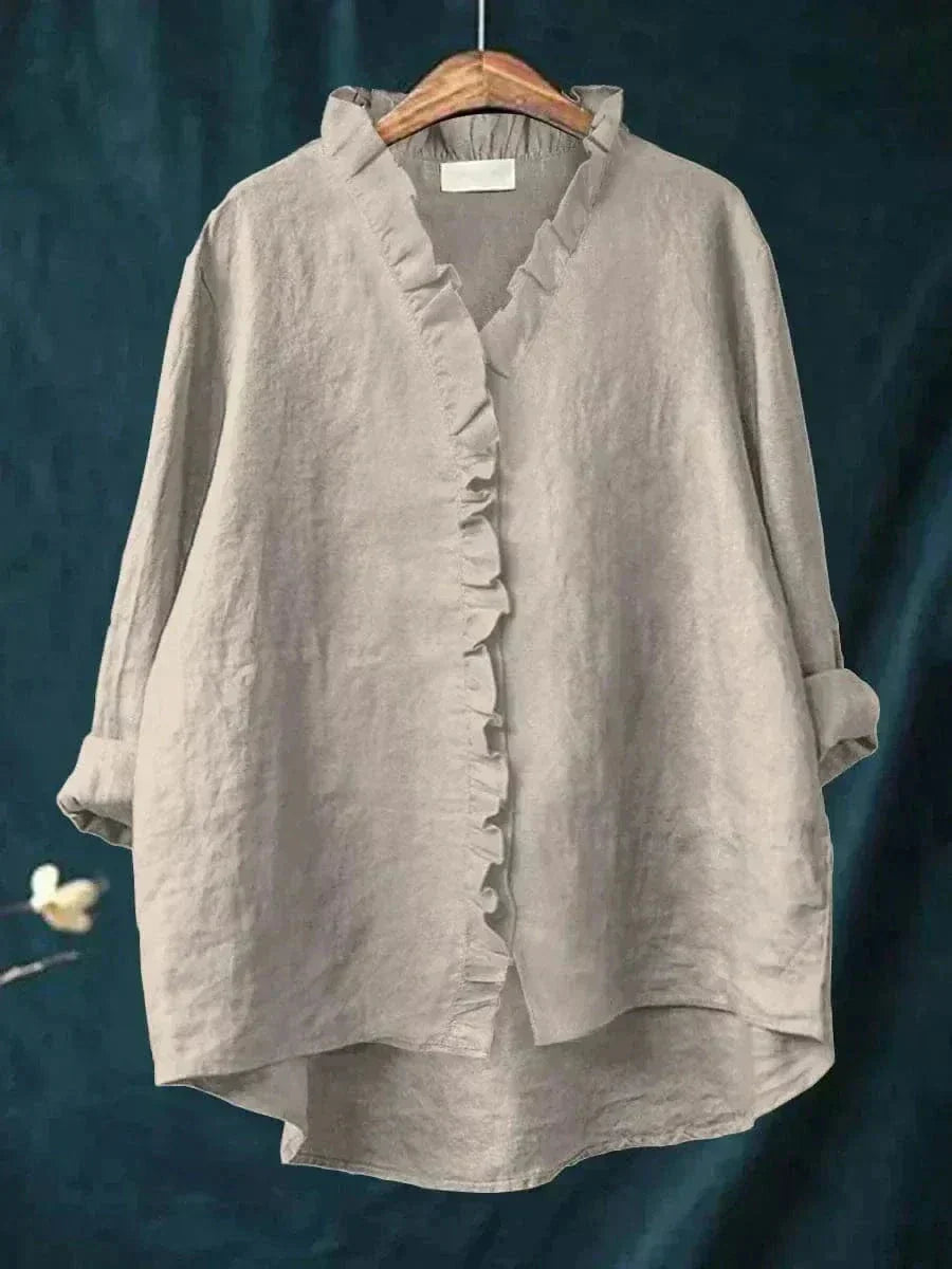 Linen Ruffle Button-Down Blouse for Women