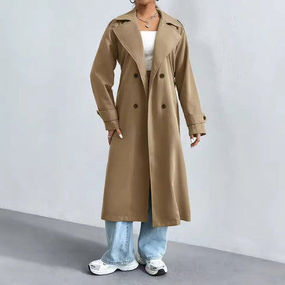 Lange Dames Trenchcoat met Dubbele Rij Knopen