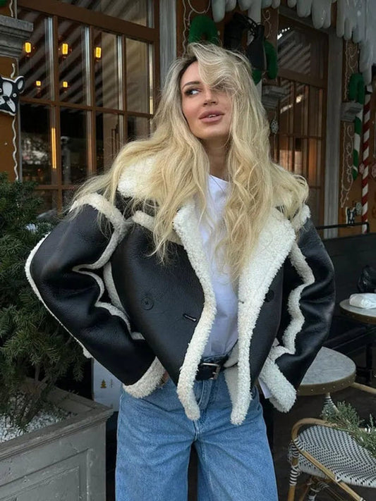 Oversized Warme PU-leren Teddy Jas met Opvallende Kraag