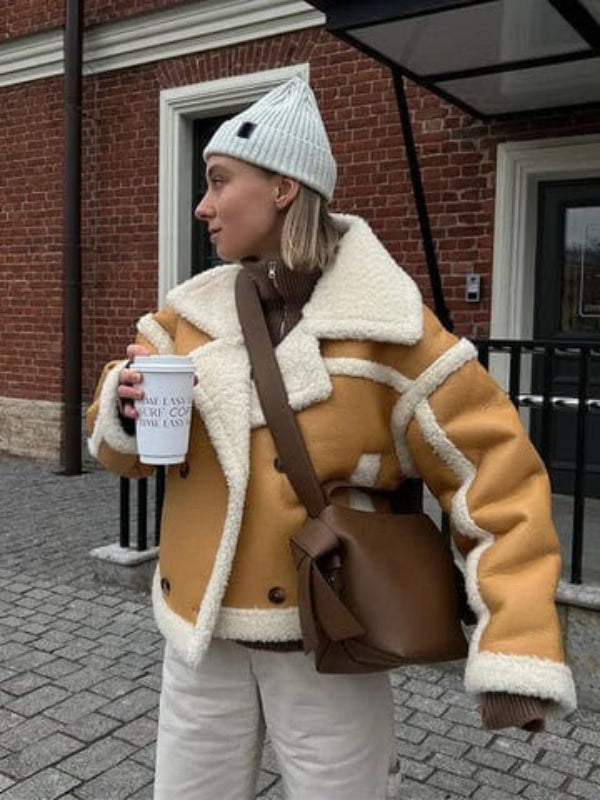 Oversized Warme PU-leren Teddy Jas met Opvallende Kraag