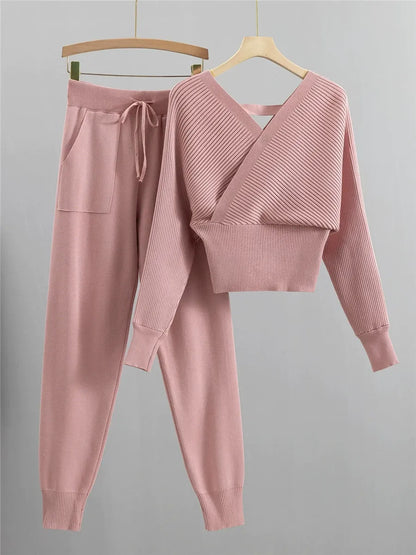 Comfortabele Dames Set met Ribgebreide Wrap Trui en Broek