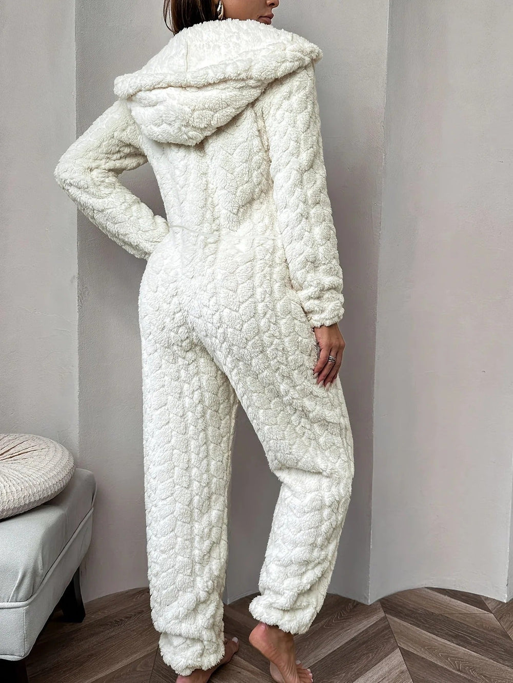 Witte Zachte Winterse Dames Fleece Jumpsuit Onesie met Rits