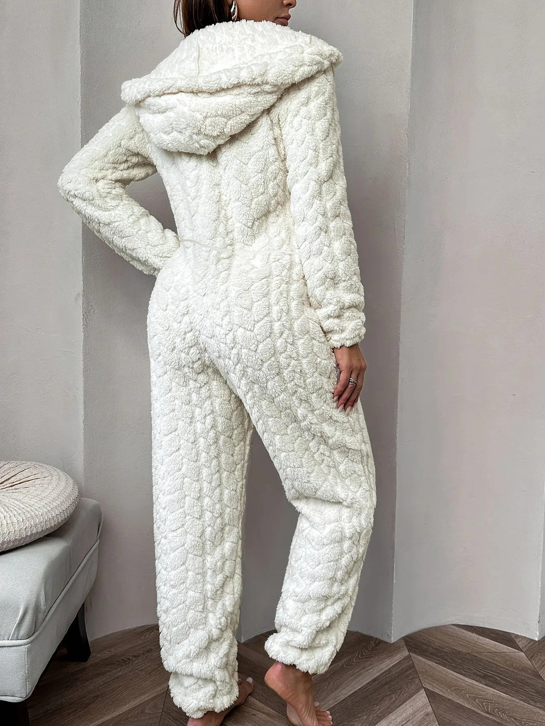 White Soft Winter Women's Fleece Jumpsuit Onesie with Zipper
