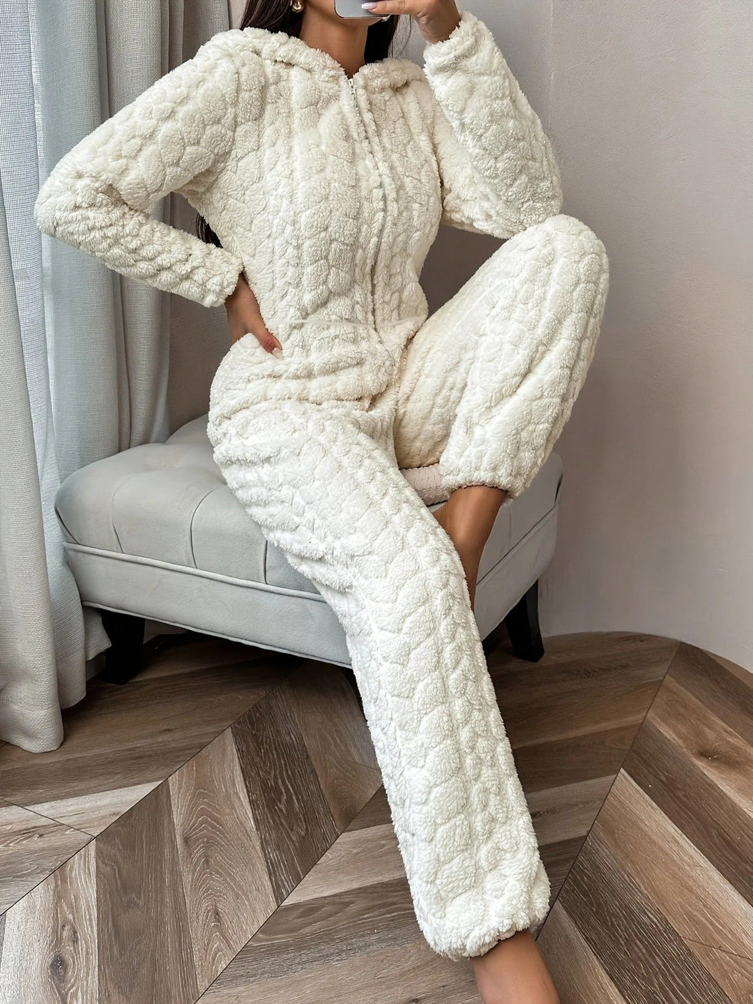 White Soft Winter Women's Fleece Jumpsuit Onesie with Zipper
