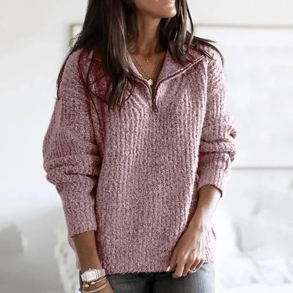 Soft Warm Women's Half-Zip Sweater with Knitted Texture