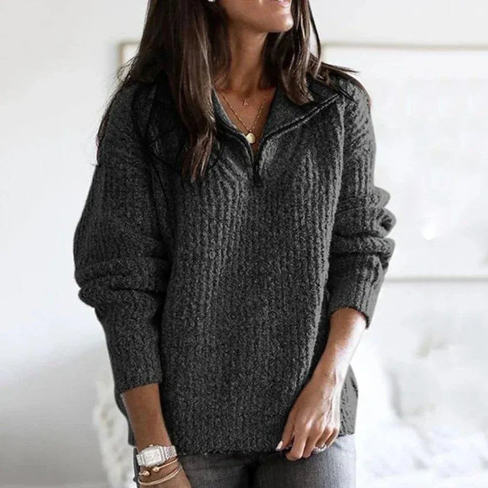 Soft Warm Women's Half-Zip Sweater with Knitted Texture