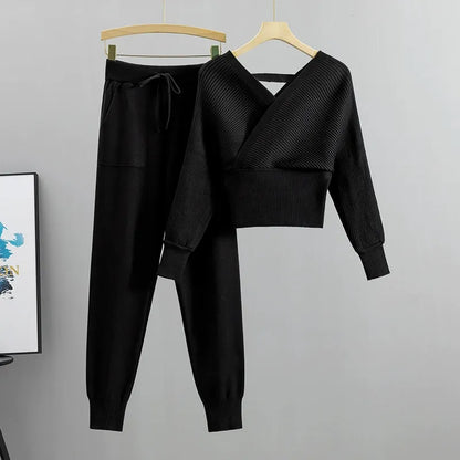 Comfortabele Dames Set met Ribgebreide Wrap Trui en Broek