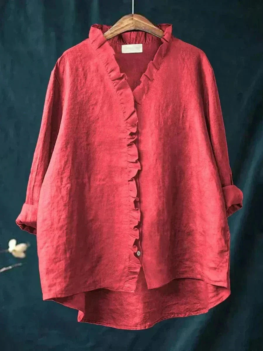 Linen Ruffle Button-Down Blouse for Women