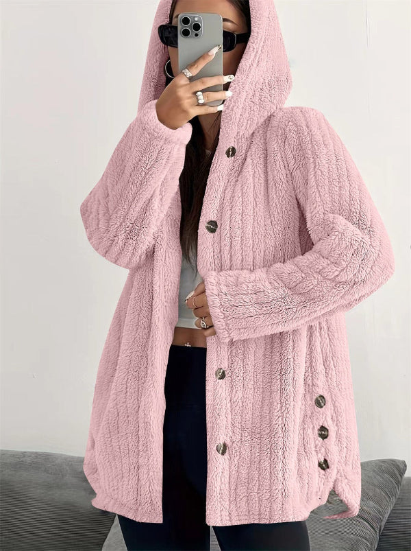 Comfortabele Zachte Dames Teddy Jas met Capuchon en Knopen