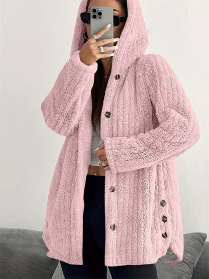 Comfortabele Zachte Dames Teddy Jas met Capuchon en Knopen
