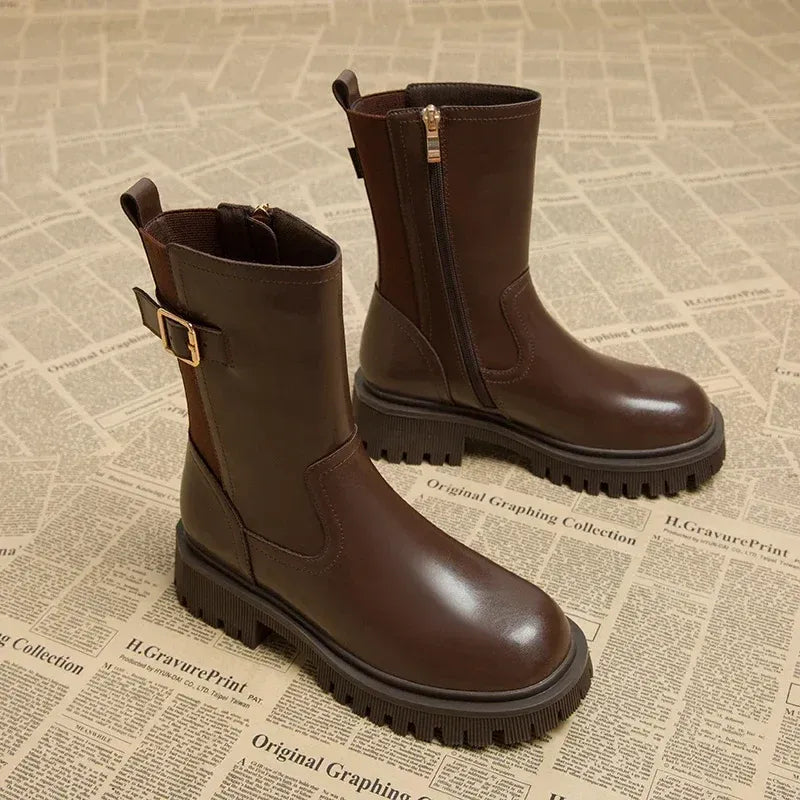 Trendy Dames Enkellaarsjes met Rits en Hoge Zool