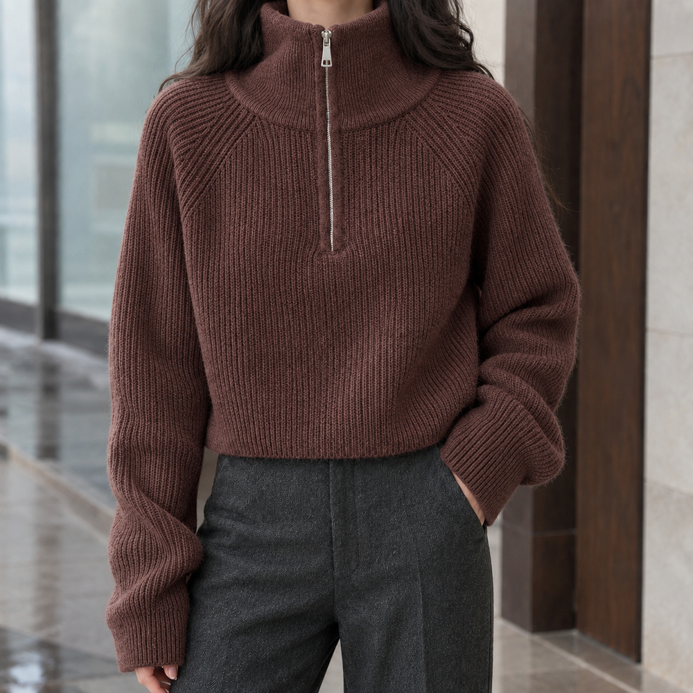 Genevieve-Jane Half-Zip Sweater - Reddish Brown