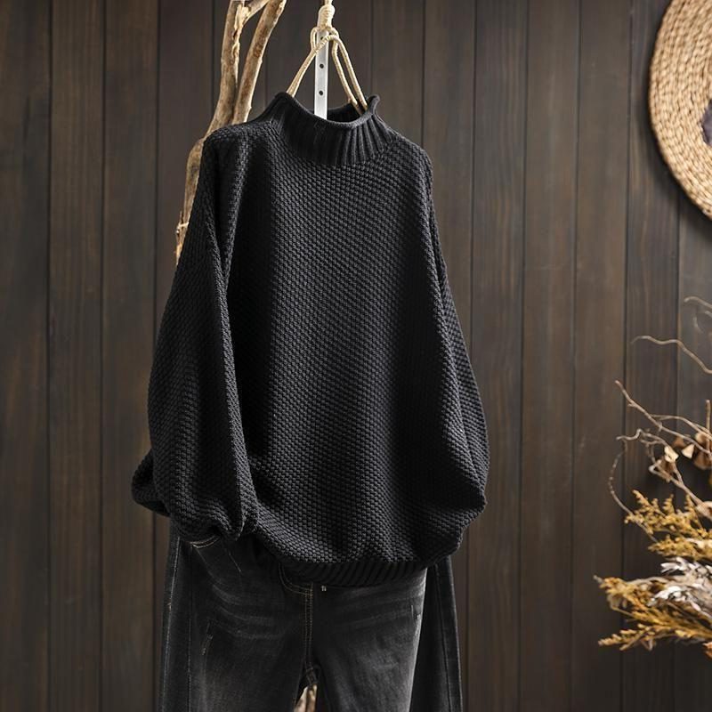 Textured Wool Long Sleeve Crew Neck Sweater for Women - Black