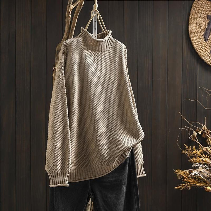 Textured Wool Long Sleeve Crew Neck Sweater for Women - Beige