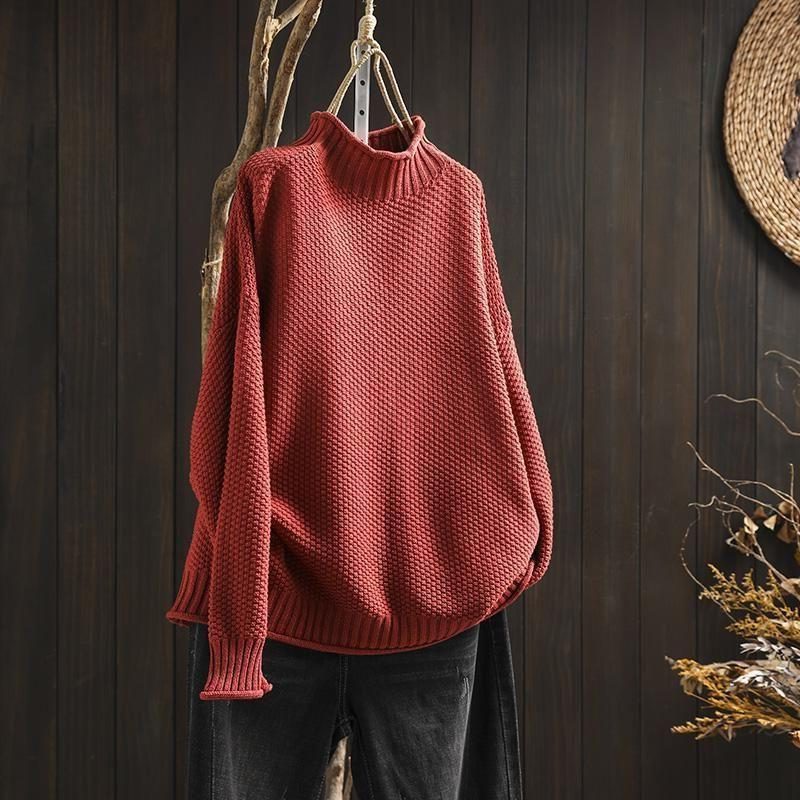 Textured Wool Long Sleeve Crew Neck Sweater for Women - Red