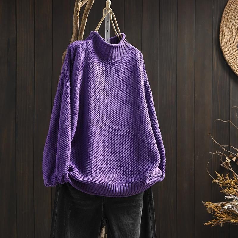 Textured Wool Long Sleeve Crew Neck Sweater for Women - Purple