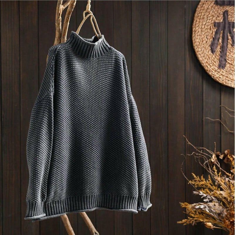 Textured Wool Long Sleeve Crew Neck Sweater for Women - Gray
