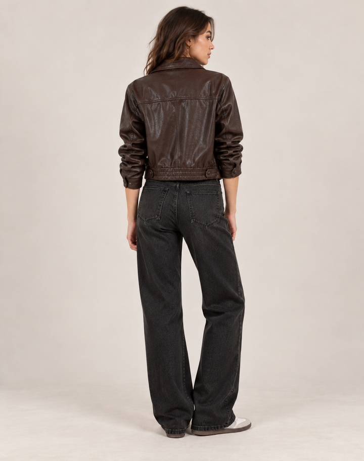 Stylish Fitted Women's Leather Jacket with Belt and Buttons