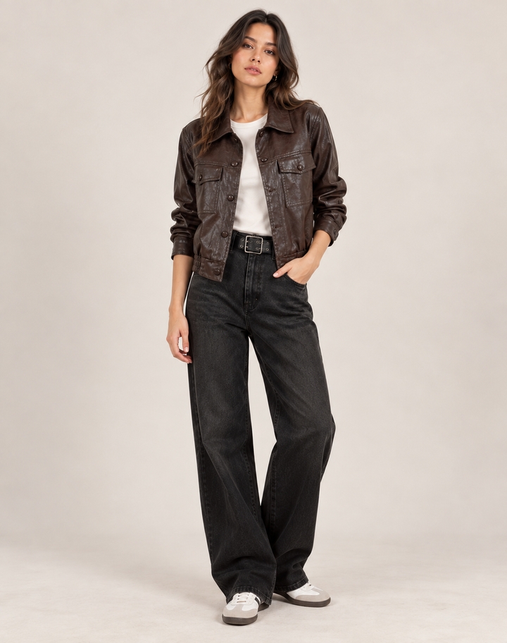 Stylish Fitted Women's Leather Jacket with Belt and Buttons