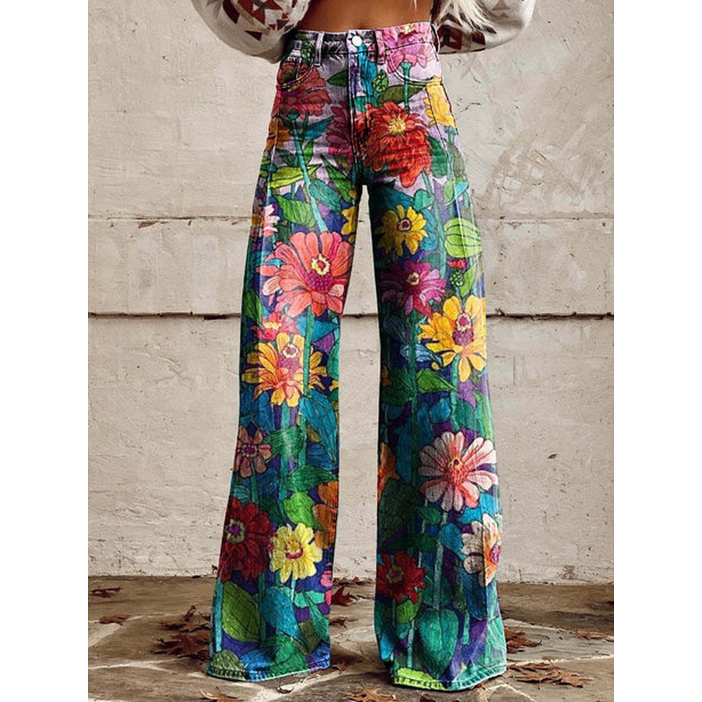 Trendy Women's Wide Jeans with Floral Print and High Waist