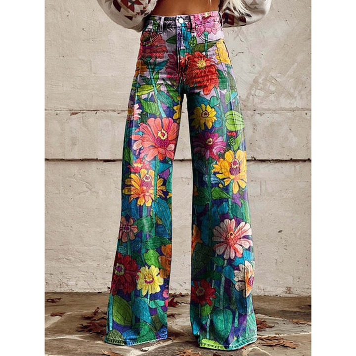 Trendy Women's Wide Jeans with Floral Print and High Waist