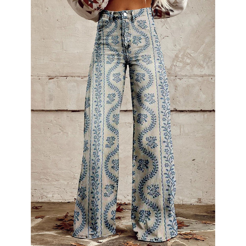 Trendy Women's Wide Jeans with Floral Print and High Waist