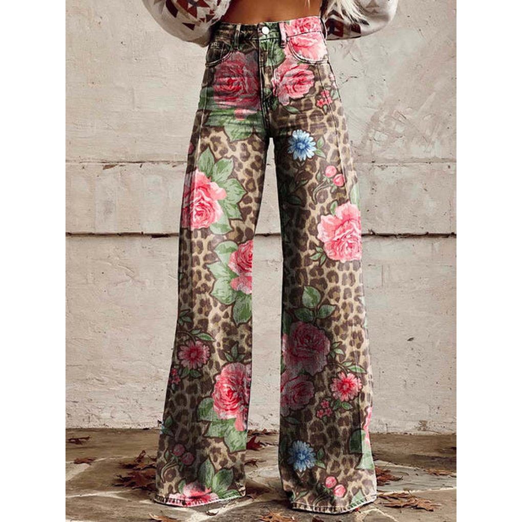 Trendy Dames Wijde Jeans met Bloemenprint en Hoge Taille