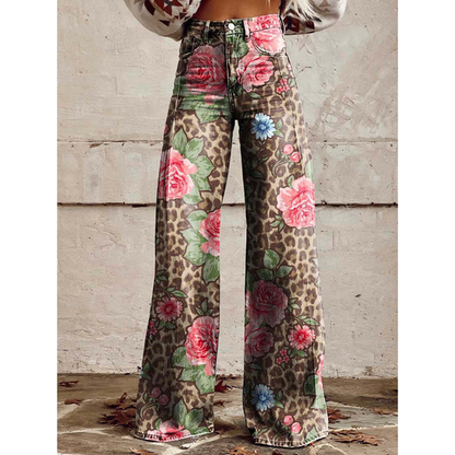 Trendy Dames Wijde Jeans met Bloemenprint en Hoge Taille