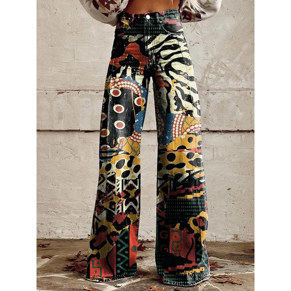 Trendy Women's Wide Jeans with Floral Print and High Waist