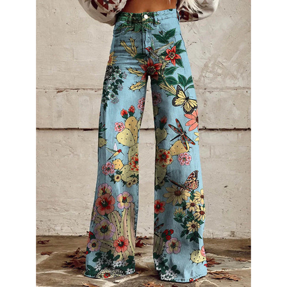 Trendy Dames Wijde Jeans met Bloemenprint en Hoge Taille