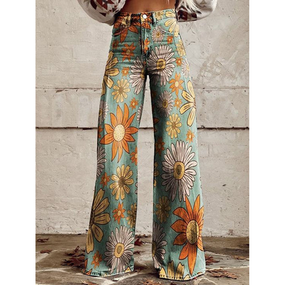 Trendy Dames Wijde Jeans met Bloemenprint en Hoge Taille
