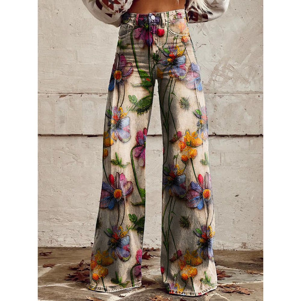 Trendy Women's Wide Jeans with Floral Print and High Waist