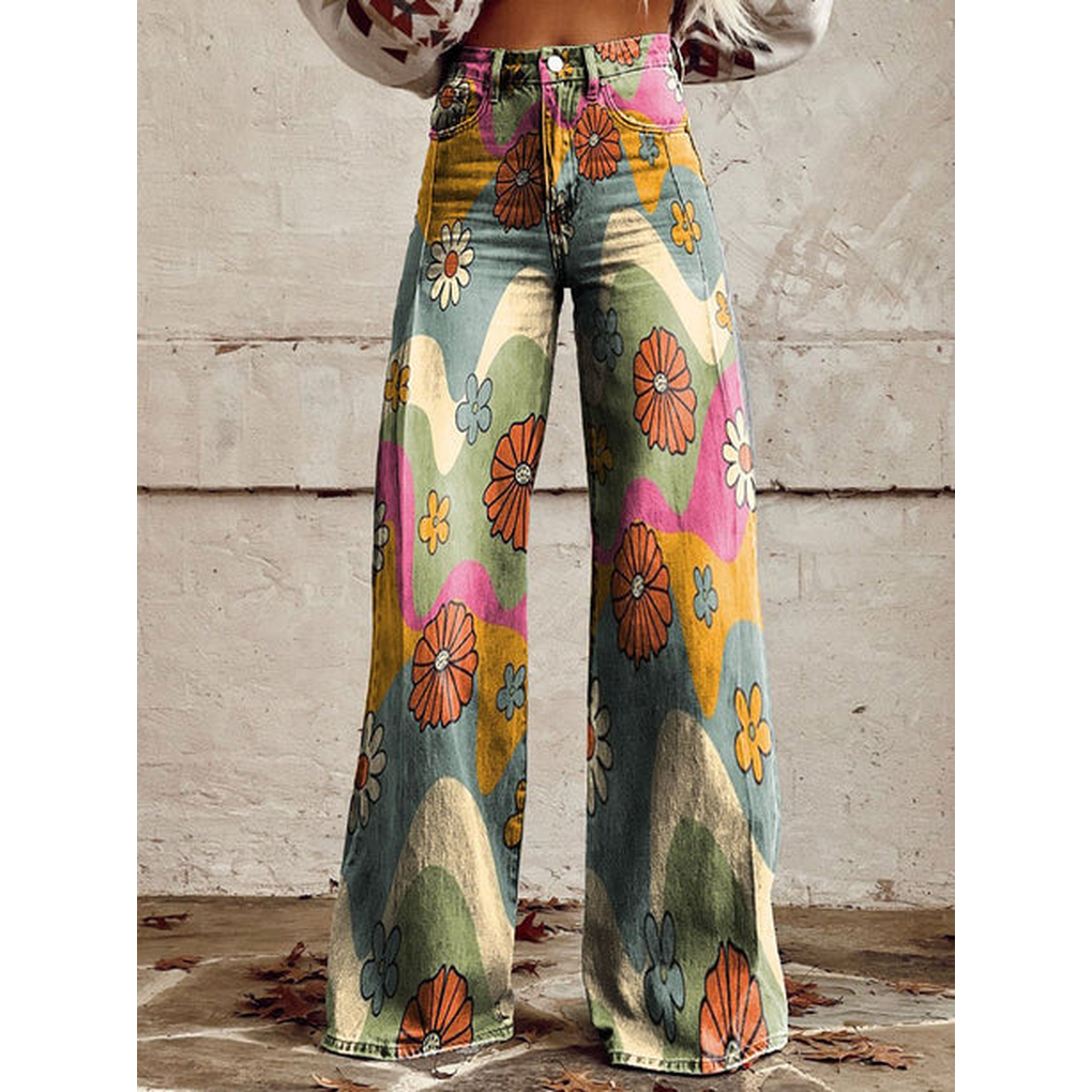 Trendy Women's Wide Jeans with Floral Print and High Waist