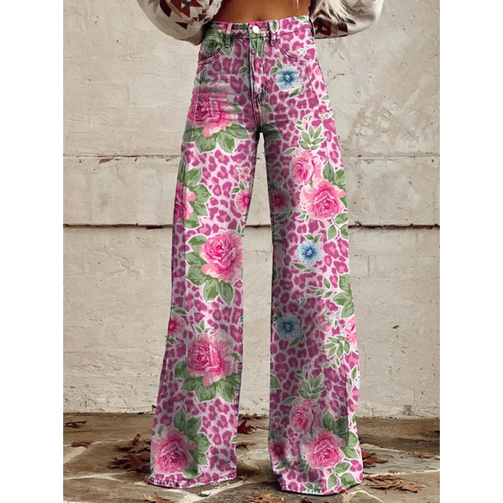 Trendy Dames Wijde Jeans met Bloemenprint en Hoge Taille