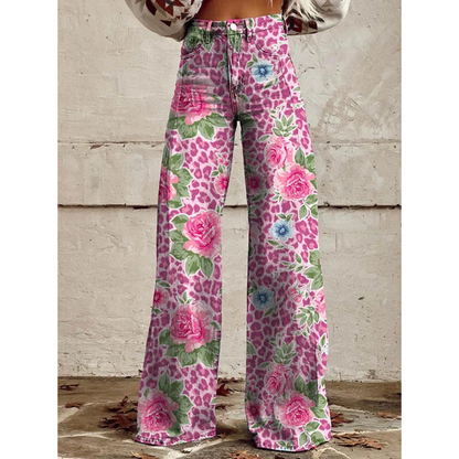 Trendy Dames Wijde Jeans met Bloemenprint en Hoge Taille