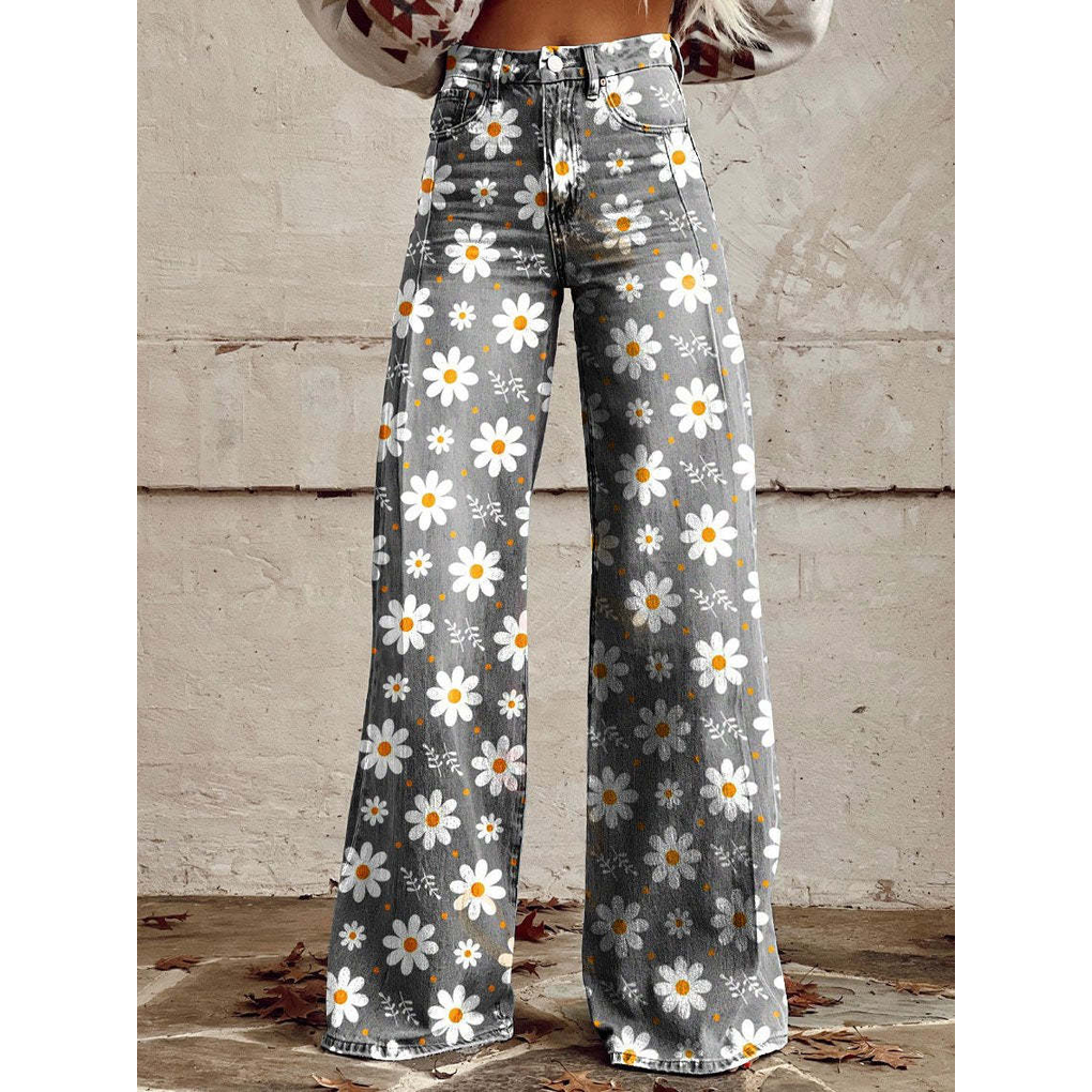 Trendy Dames Wijde Jeans met Bloemenprint en Hoge Taille