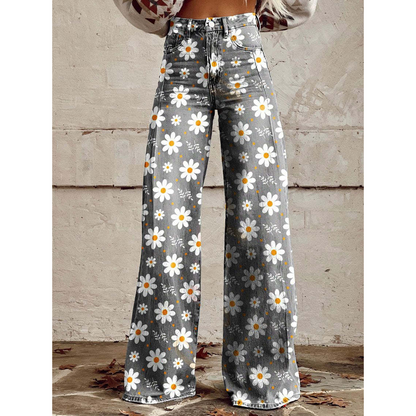 Trendy Dames Wijde Jeans met Bloemenprint en Hoge Taille