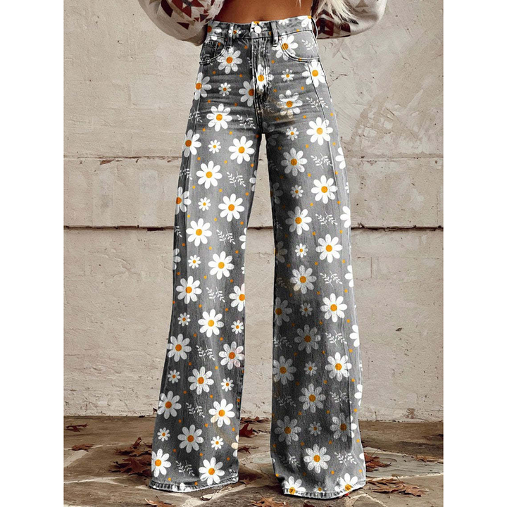 Trendy Women's Wide Jeans with Floral Print and High Waist