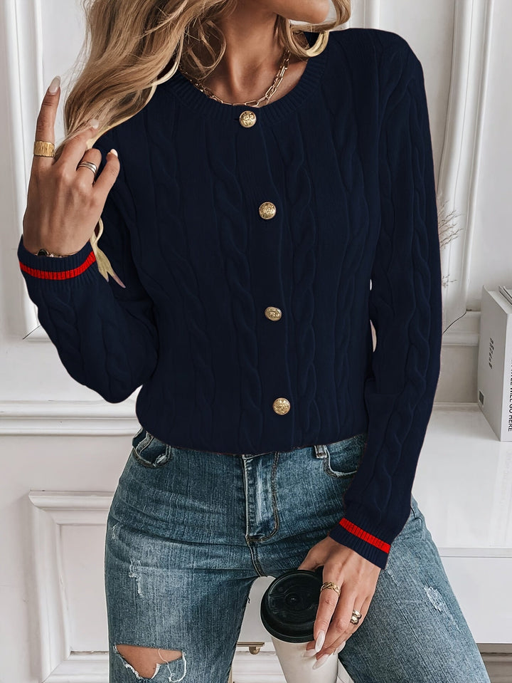 Josephine cardigan worn casually with jeans, front view
