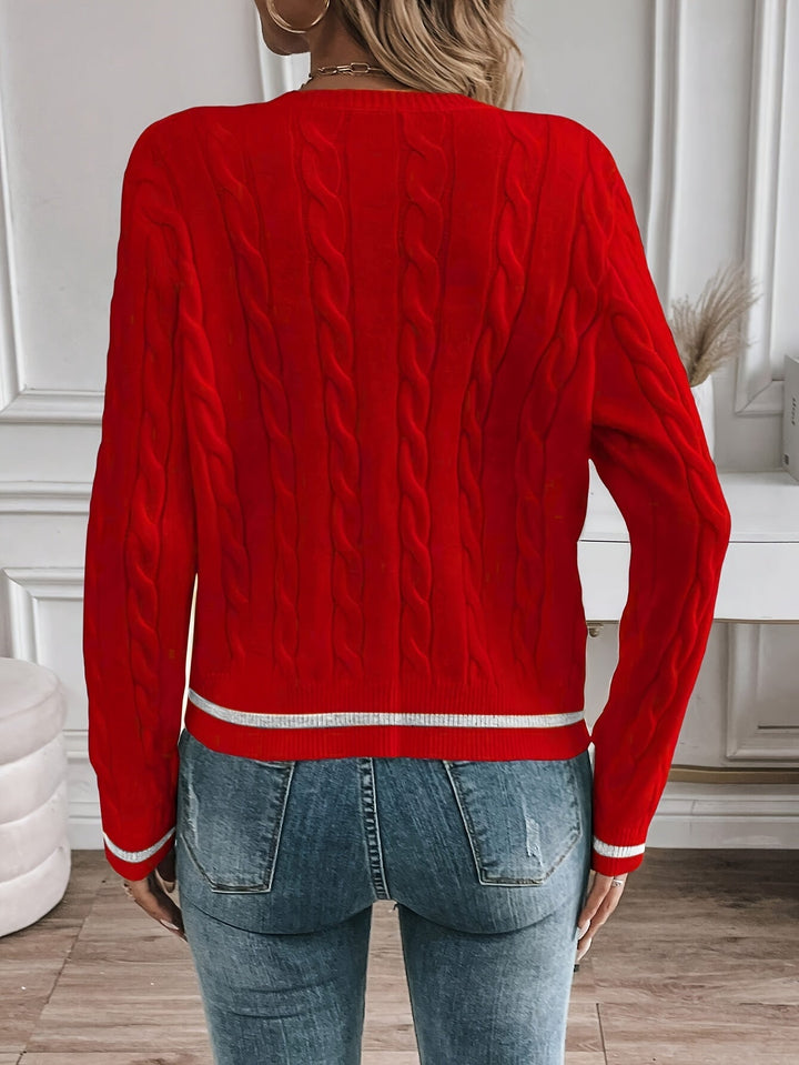 Josephine cardigan worn casually with jeans, front view