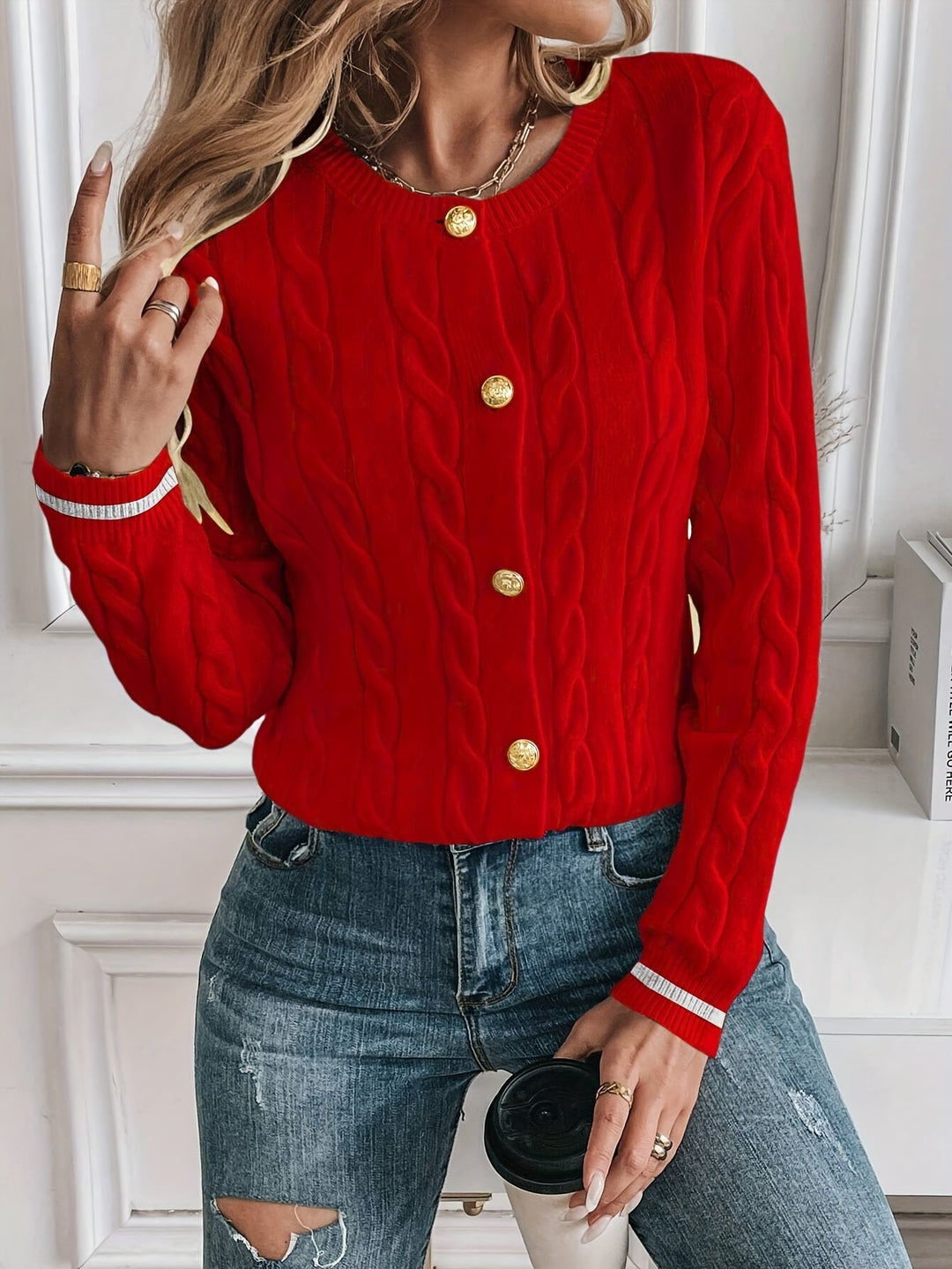 Josephine cardigan worn casually with jeans, front view