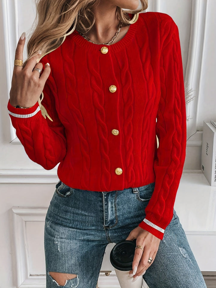 Josephine cardigan worn casually with jeans, front view