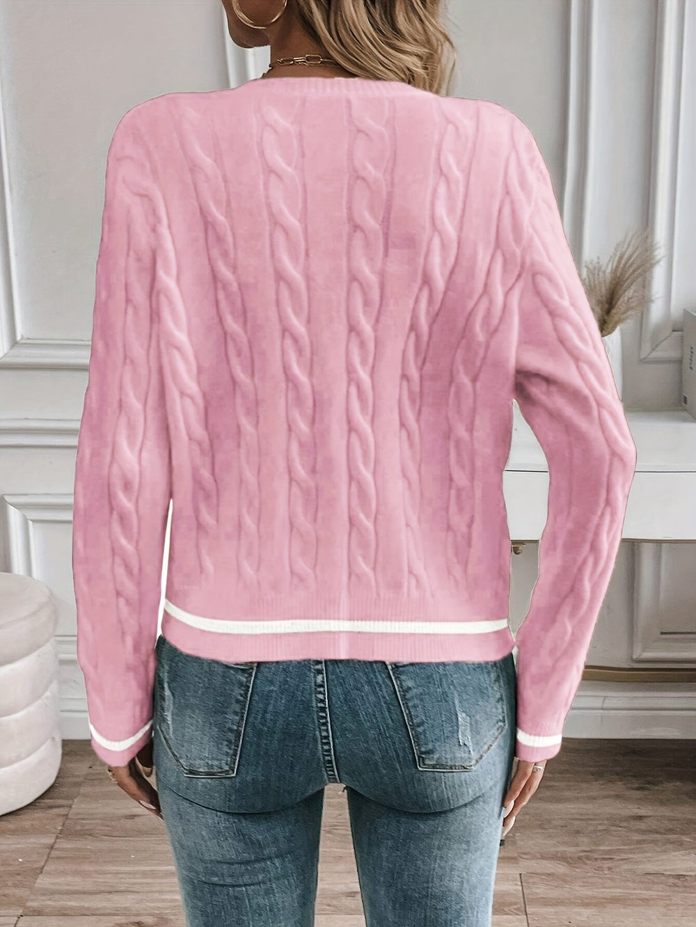 Josephine cardigan worn casually with jeans, front view