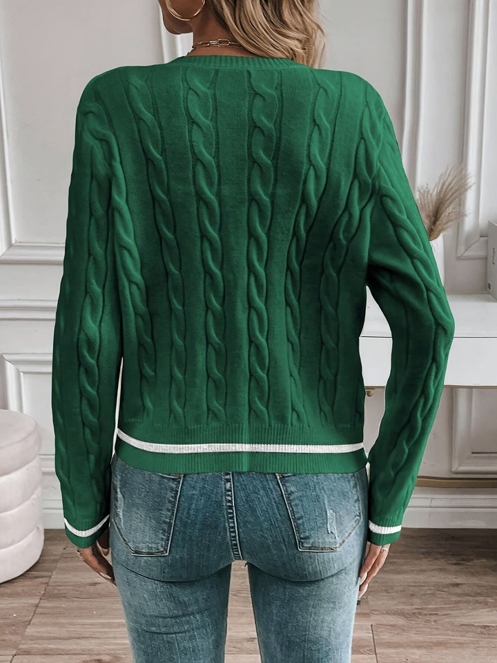 Josephine cardigan worn casually with jeans, front view